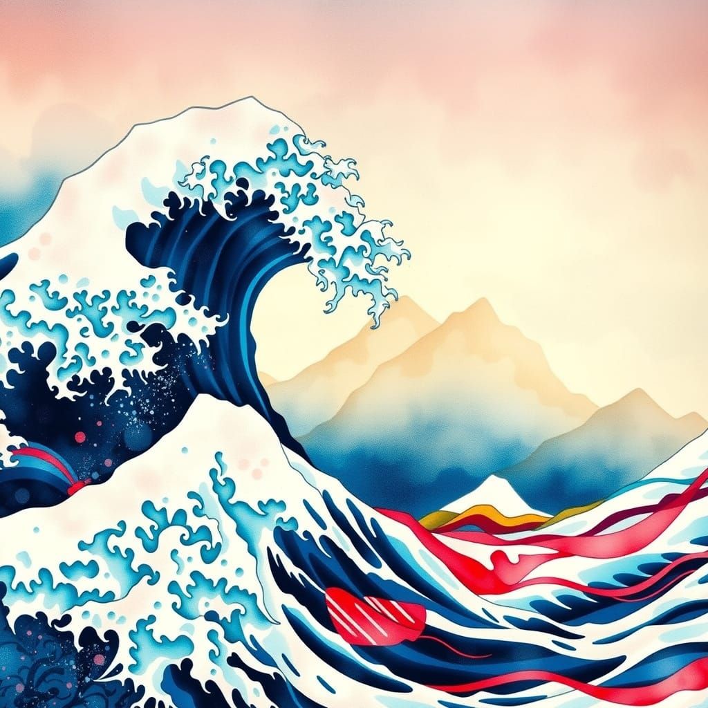 Surrealistic Watercolor Rendition of Grande Onda di Kanagawa