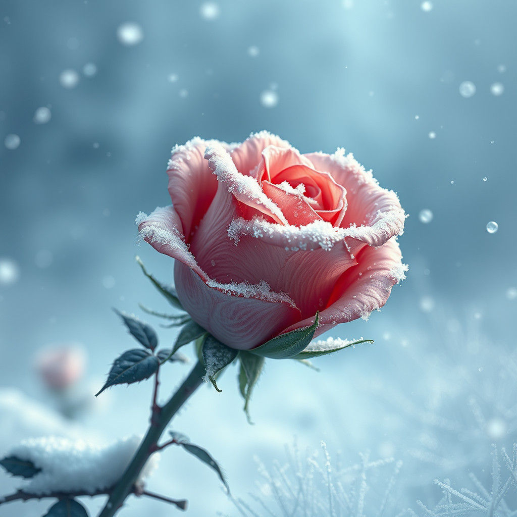 Frost-Bitten Rose in Snow-Shrouded Landscape