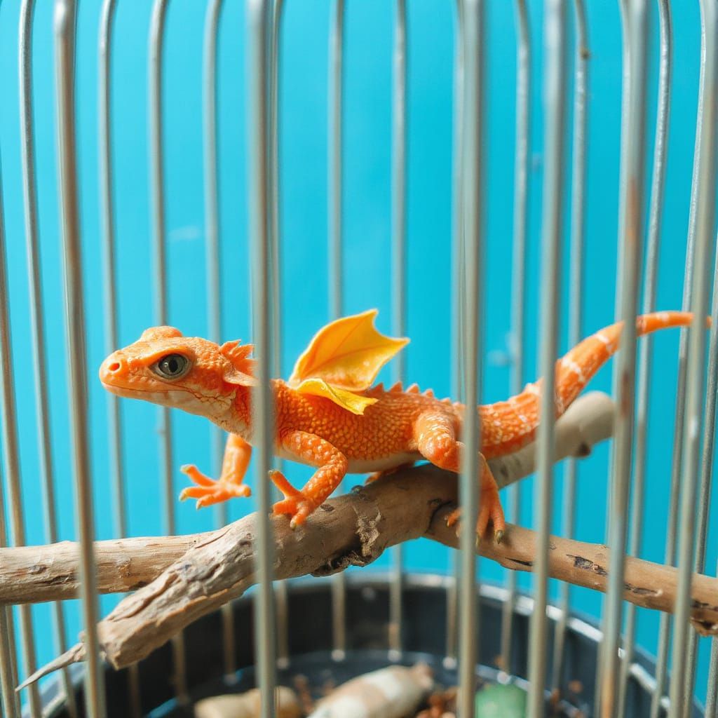 A tiny pet dragon in a bird cage.
