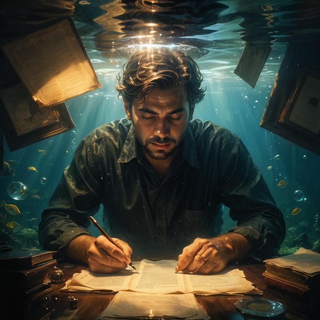 Man Writing Underwater: A Photorealistic Dreamscape