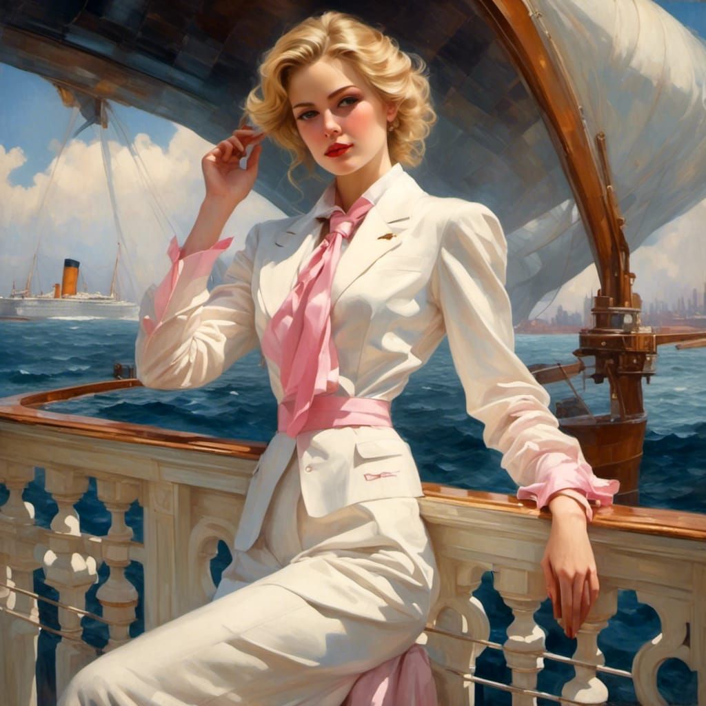 Elegant Woman on Titanic Deck in Leyendecker Style