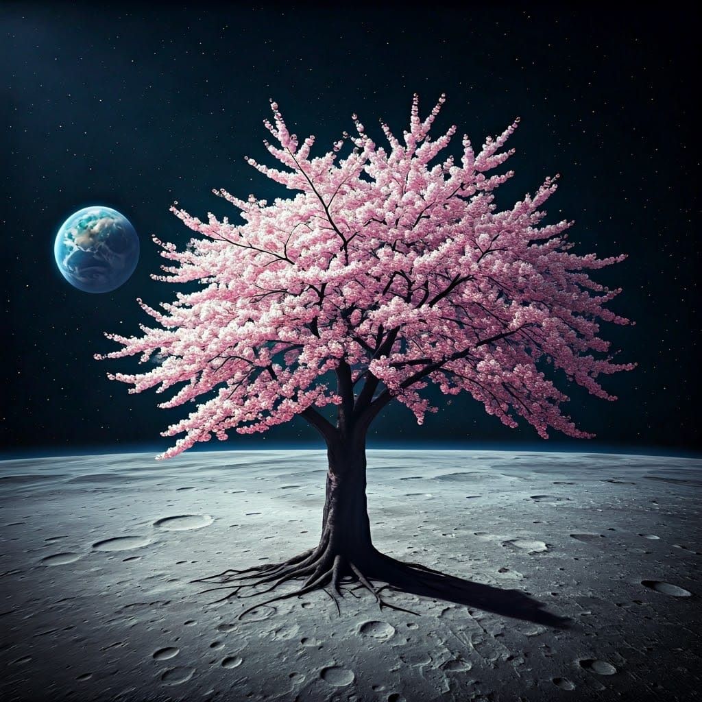 Cherry Blossom Tree on the Moon with Earth