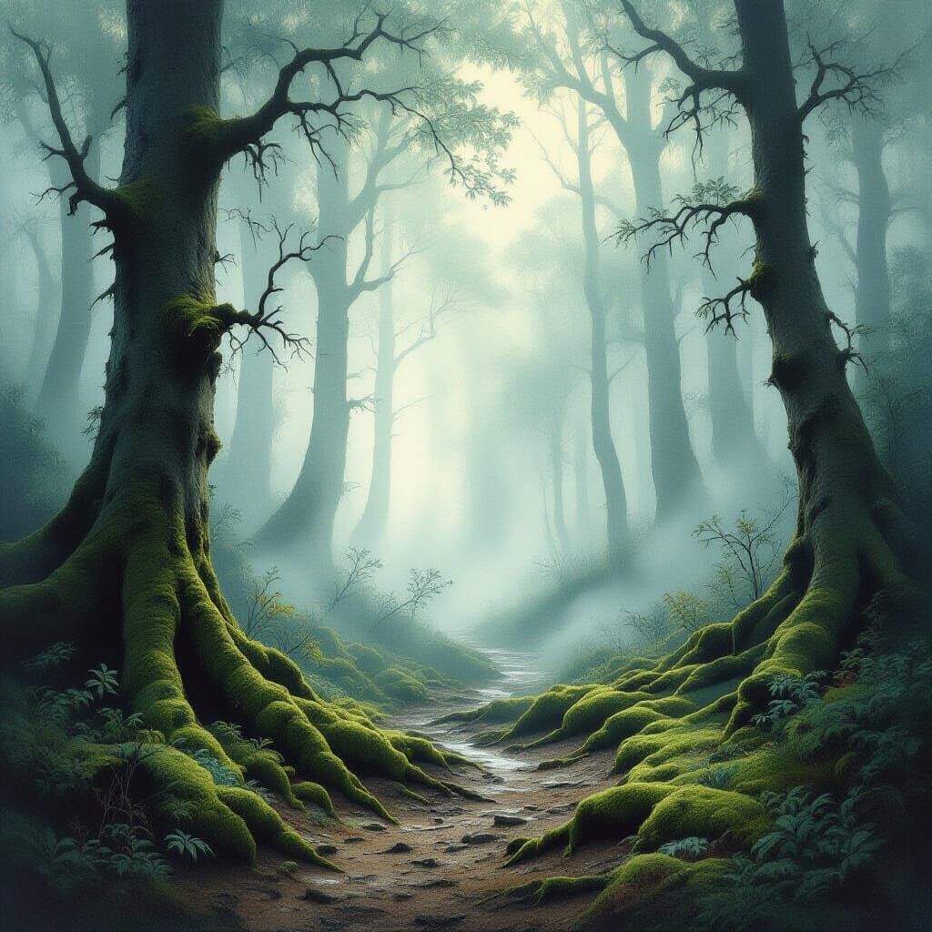 Misty Ancient Forest Path in Ethereal Watercolor Style