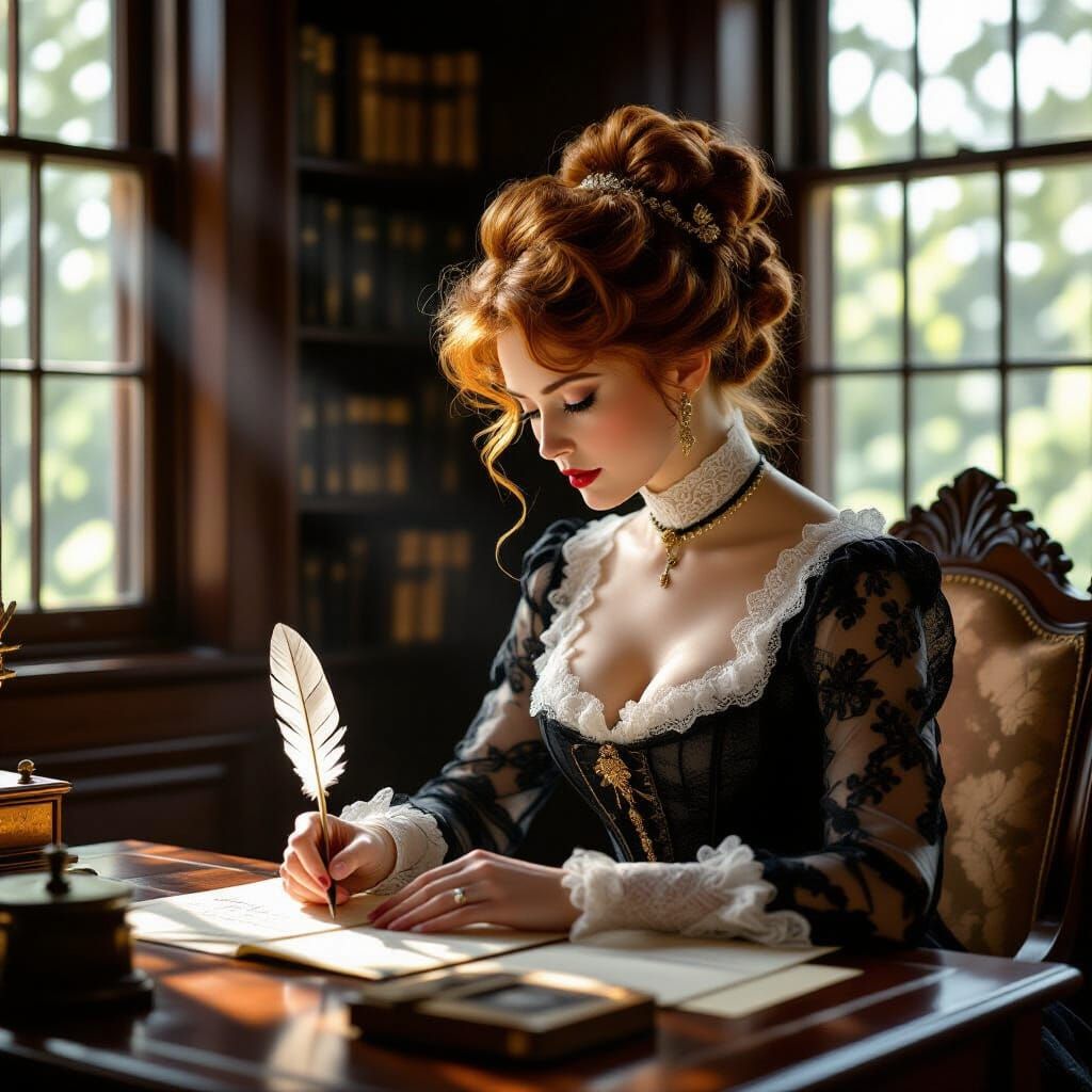 Victorian Lady Writes Letter in Sunlit Study