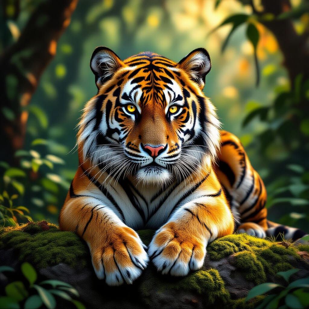 Majestic Tiger Crouching in Shadowy Forest