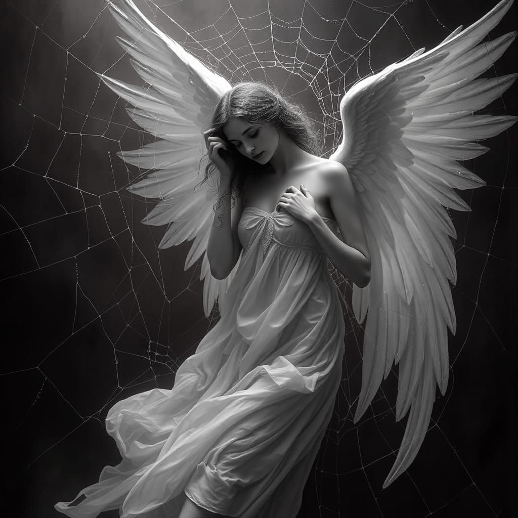 In a red light background an angel woman trapped in a spider web. Spider web is full of water dots, Foggy atmosphere