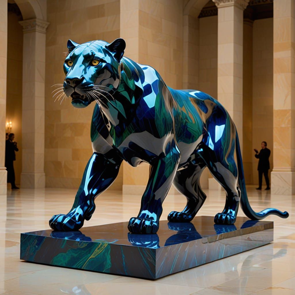 Iridescent Panther Sculpture in Exhibition Hall