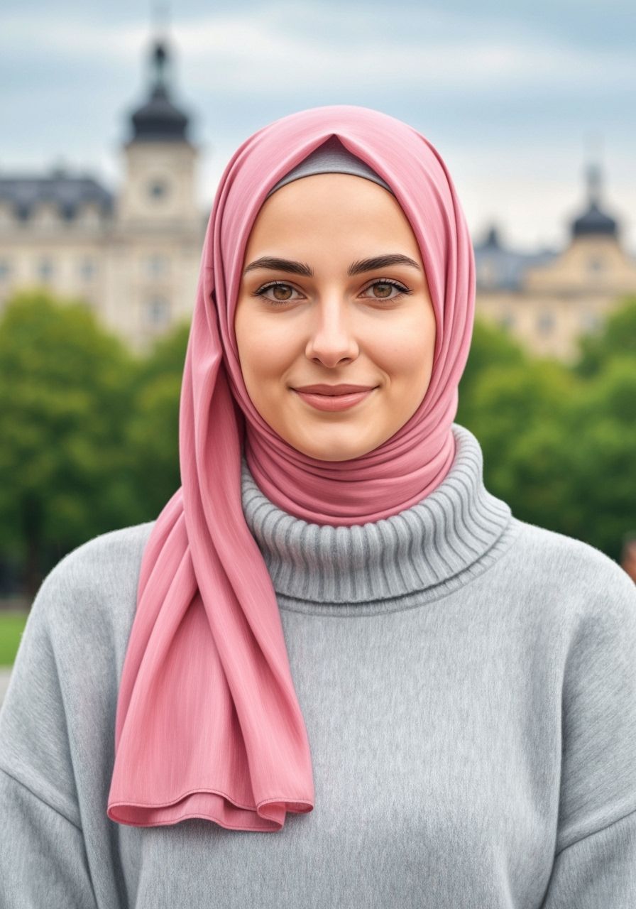 Hijabi Woman Smiling in Park, Color Pencil Painting