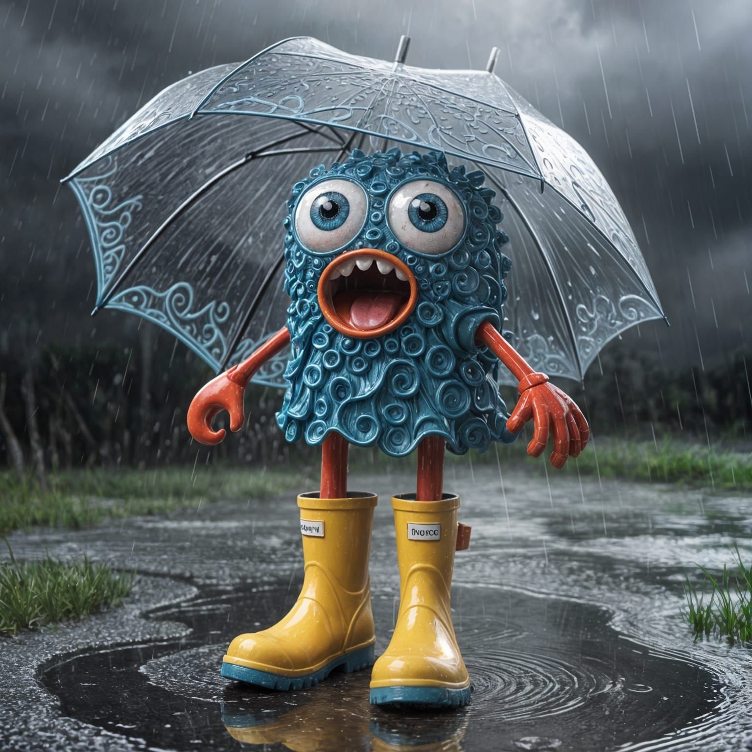 Comical Storm Chaser Umbrella Runs Through Puddles in Rubber...