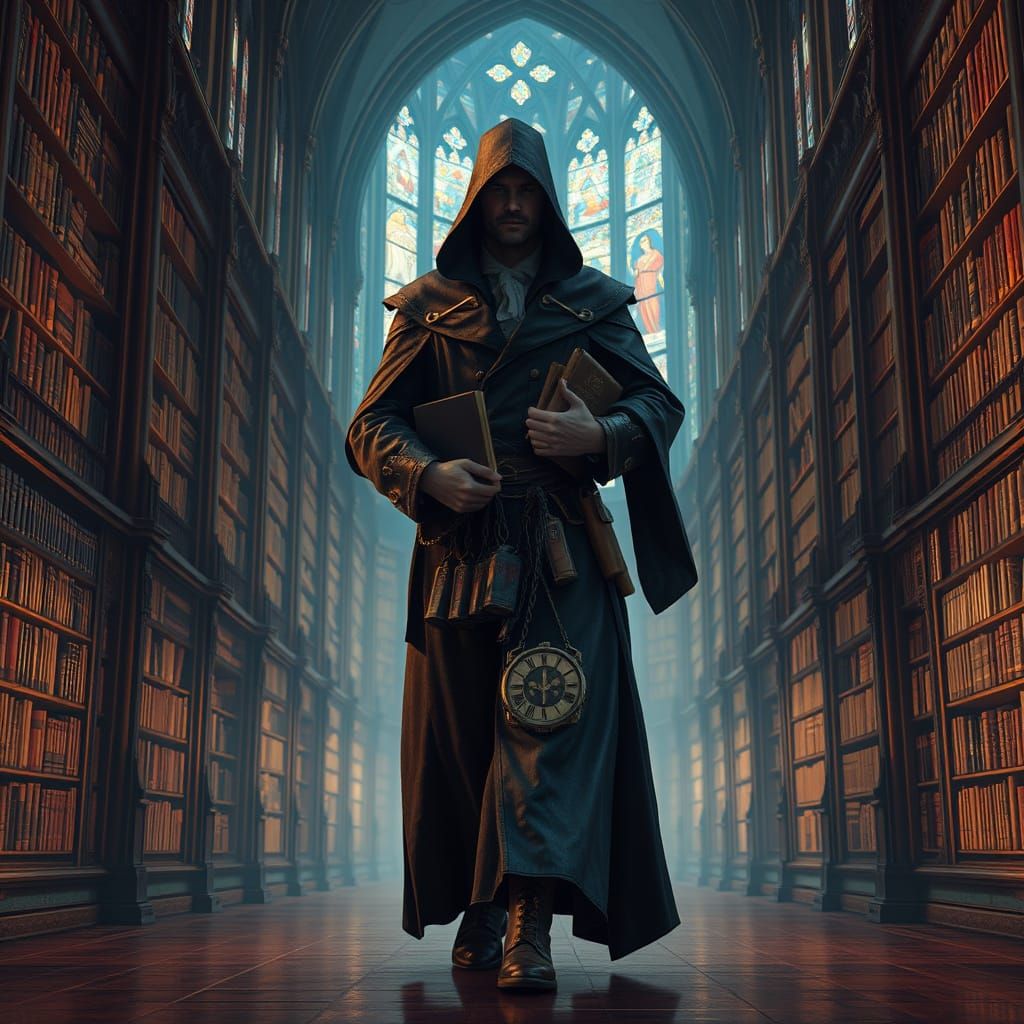 Gothic Cathedral Librarian in Cinematic Style
