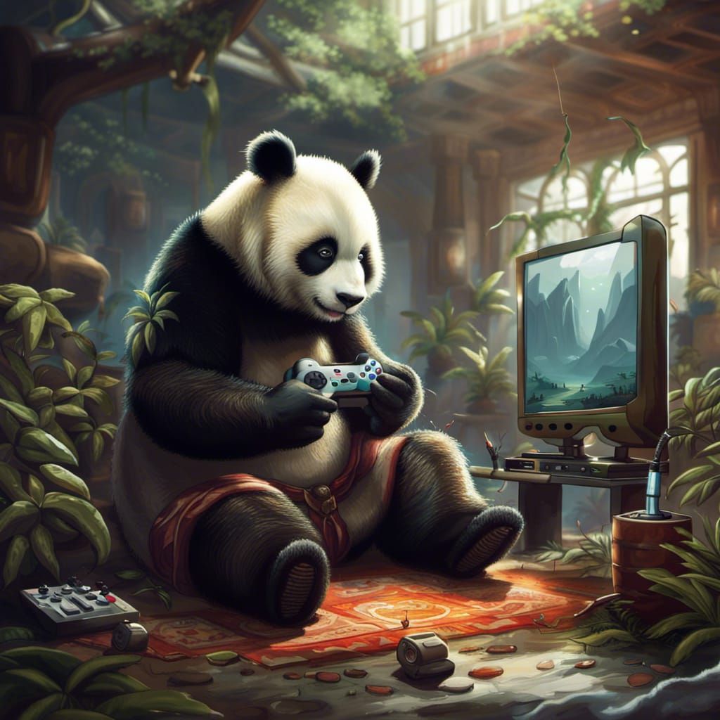 Panda Gamer Immersed in Fantasy Game World