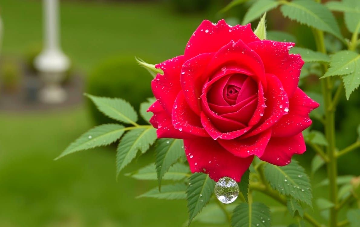 Macro Raindrop Reflects Garden on Red Rose