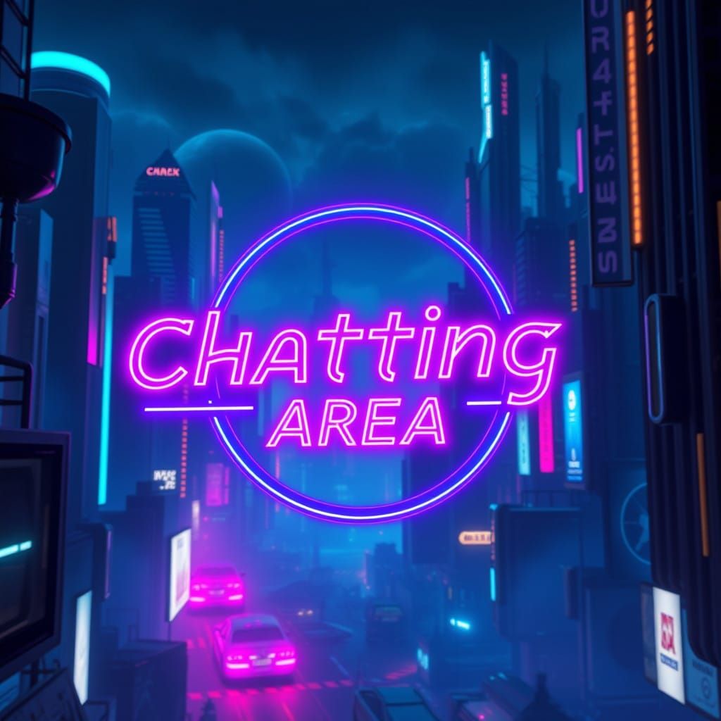 Cyberpunk Futuristic Cityscape with Neon Chatting Area Logo