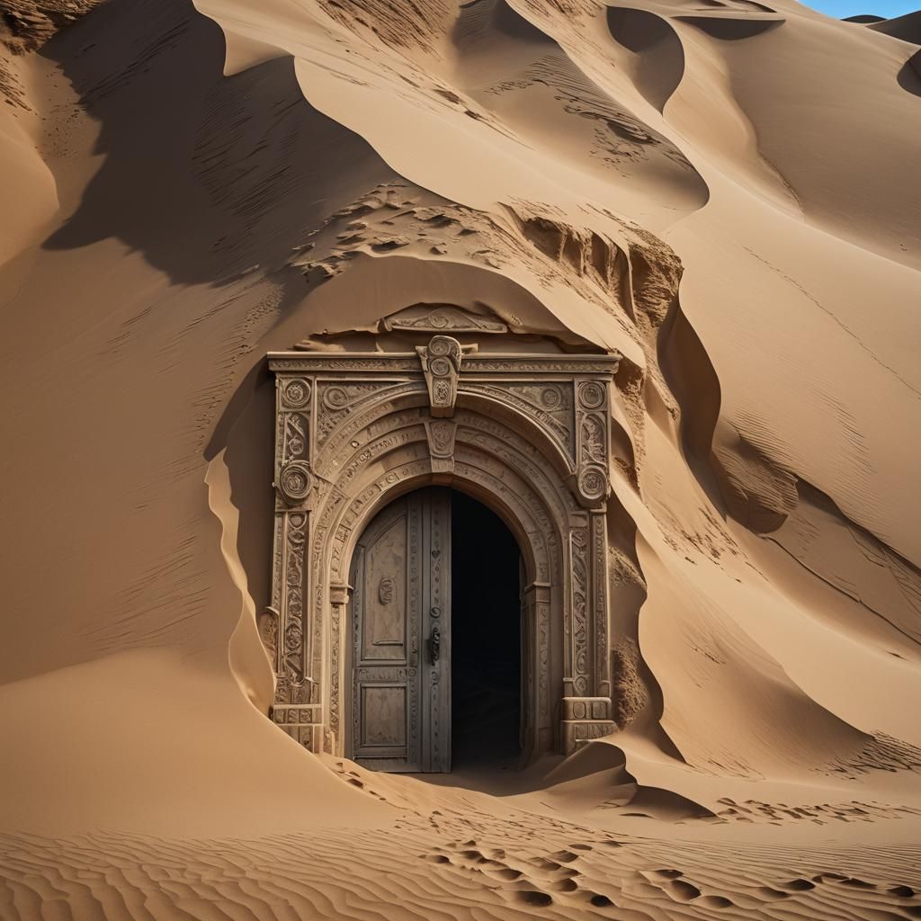Ancient Carved Stone Door Emerges from Sand Dune