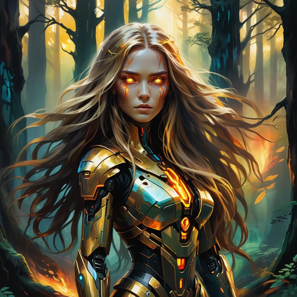 Cybernetic Woman in Mystical Forest Oil Painting
