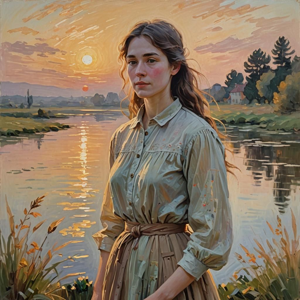 Impressionist Woman at Sunset as Impasto Painting