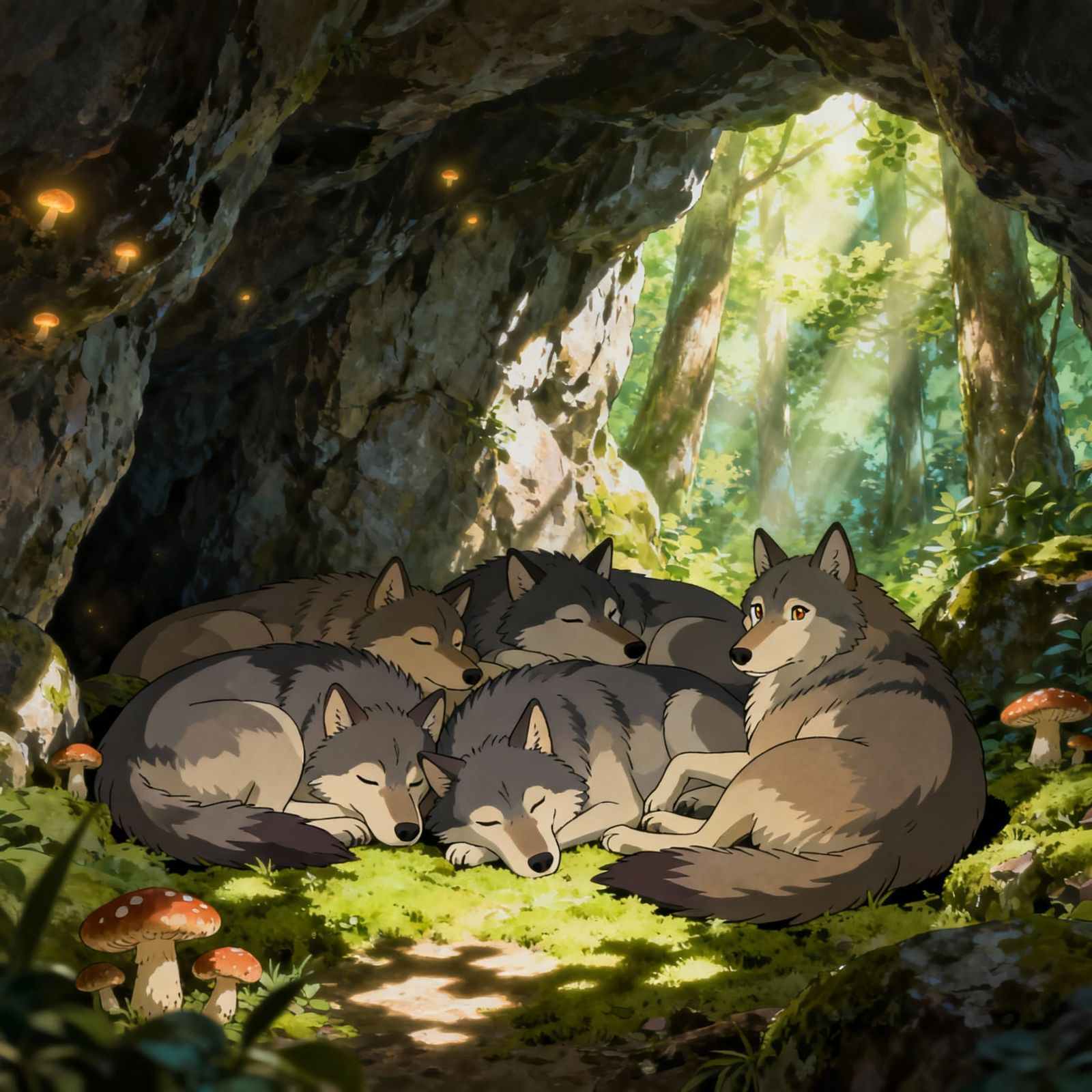 Anime Wolf Pack Resting in Forest Cave