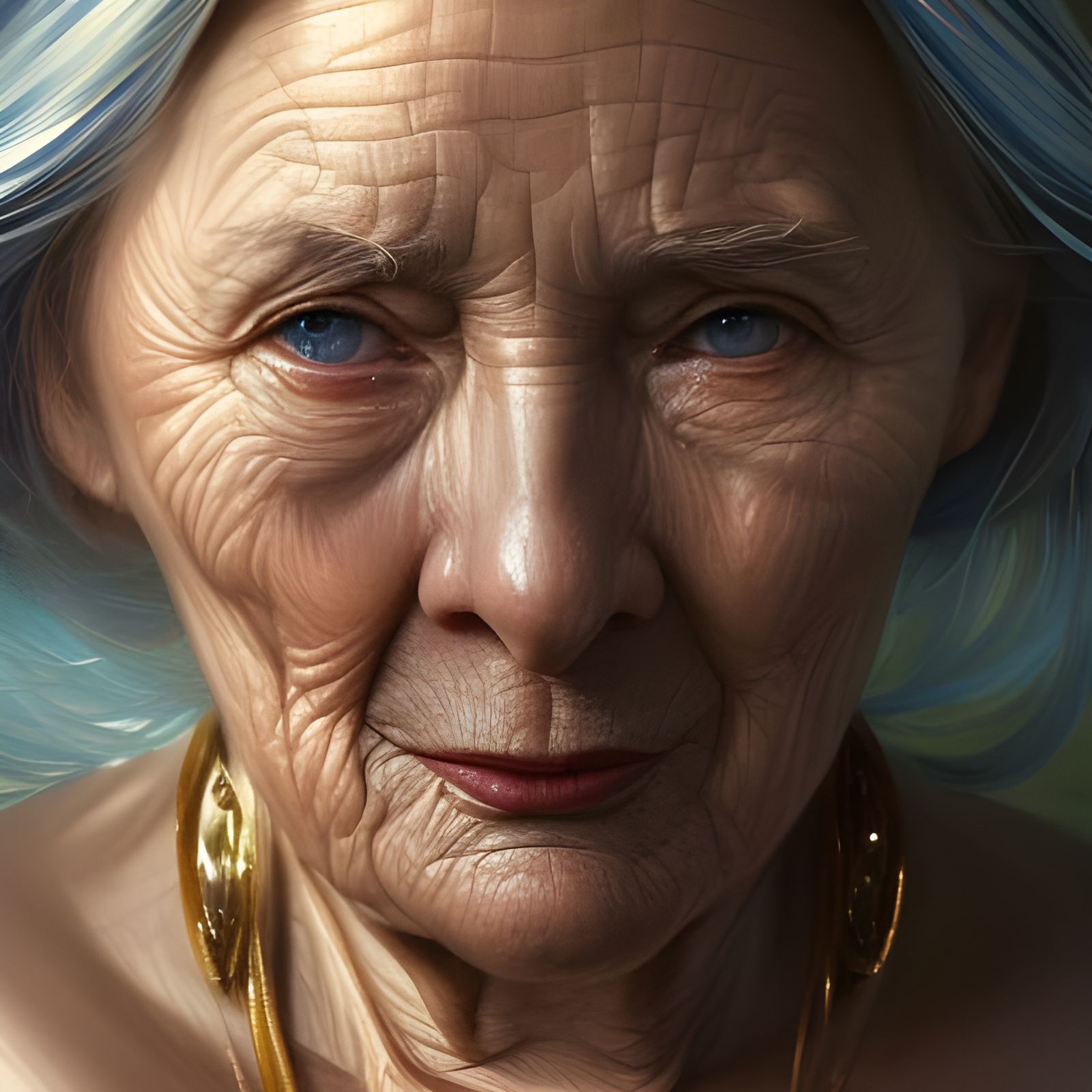 Golden Wrinkled Woman Portrait in Hyperdetailed Style