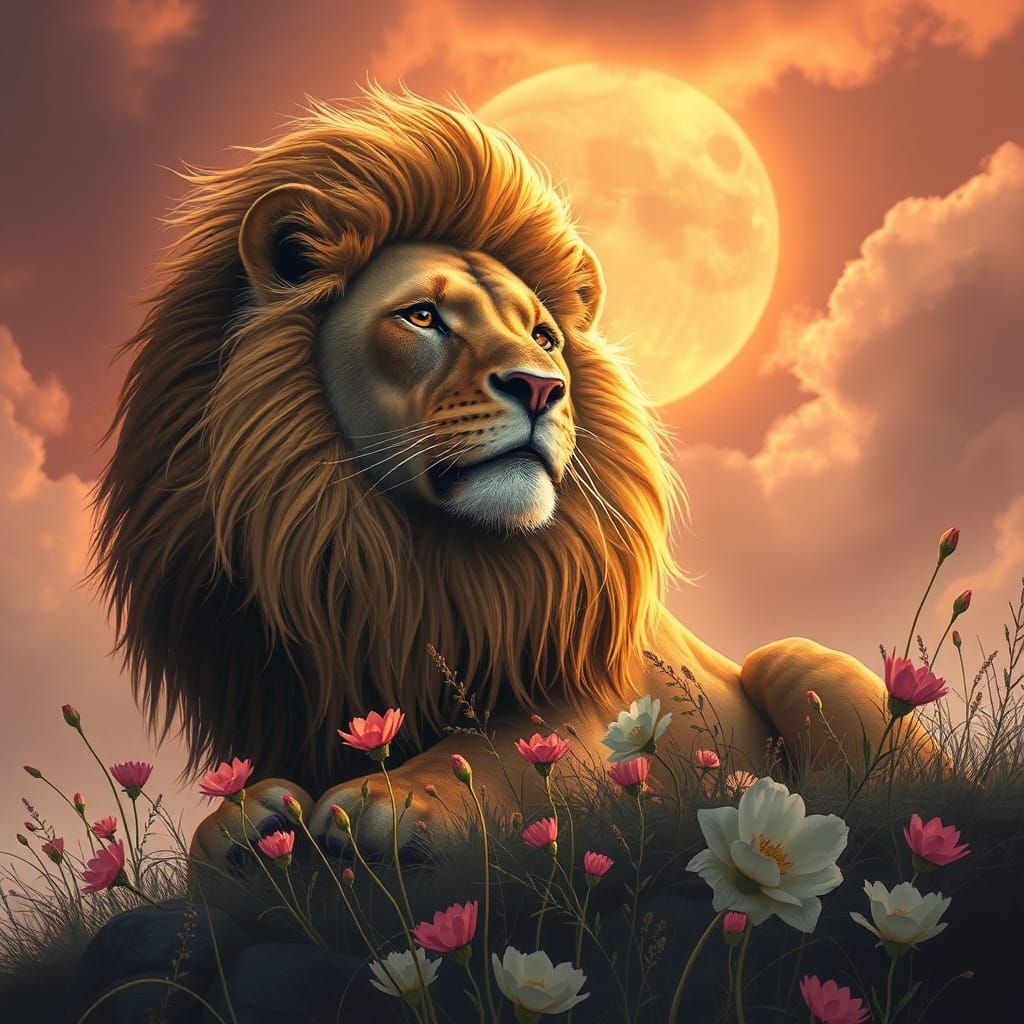 Surreal Lion in a House of Flowers