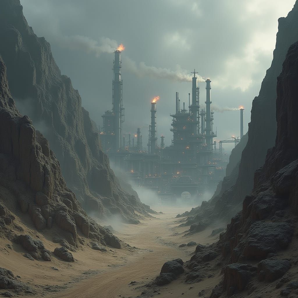 Rugged Industrial Landscape with Weathered Mountains and Met...