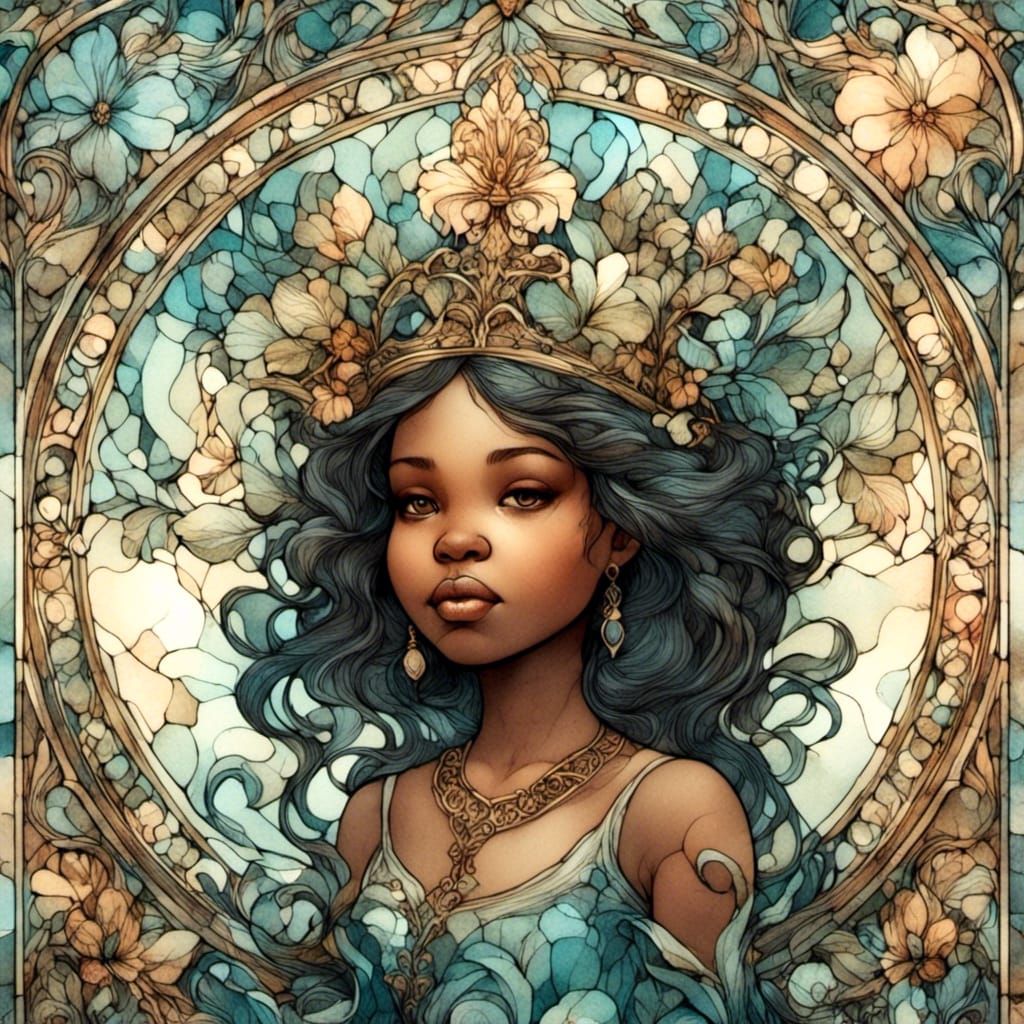 Art Nouveau: Black Girl in Watercolor Wonderland