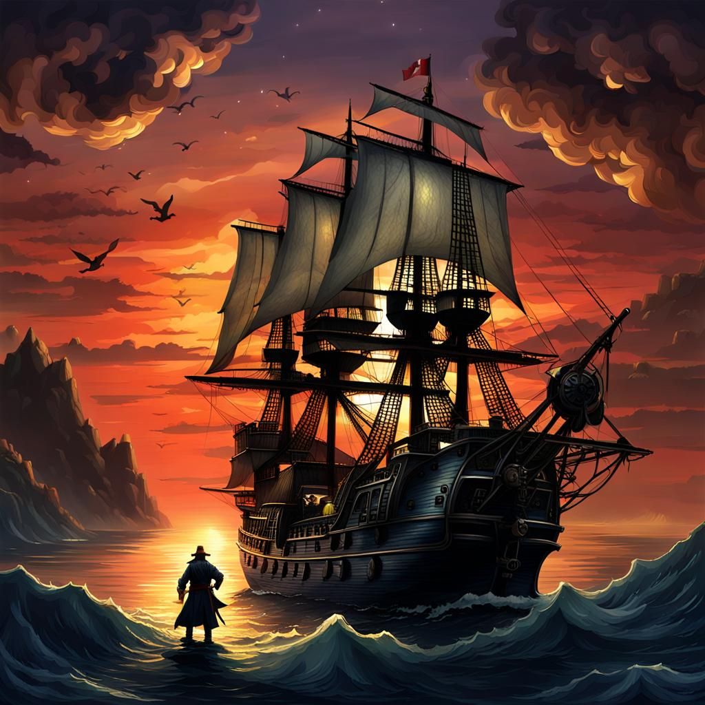 Pirate Ship at Twilight: Beautiful Sea Scene