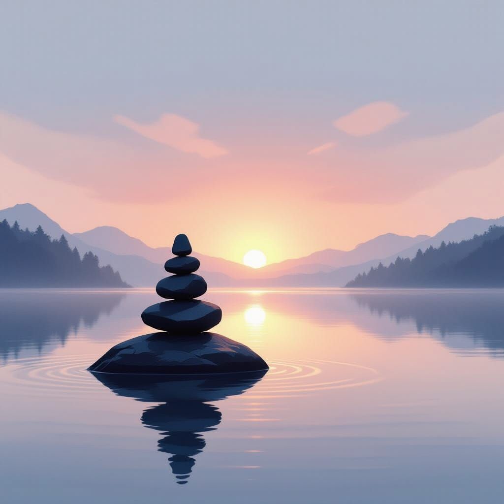 Minimalist Stone Cairn at Dawn Reflecting on Calm Lake
