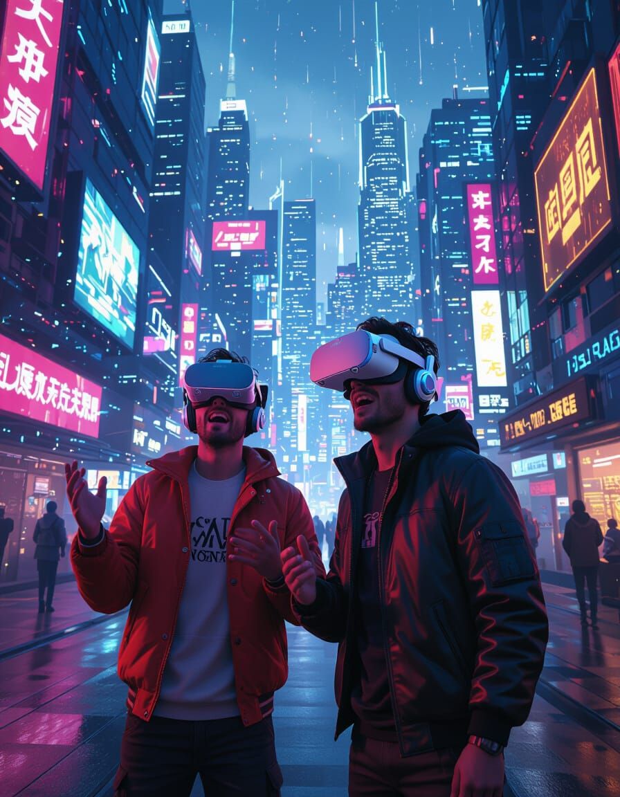 Friends in Futuristic City Wearing VR Headsets