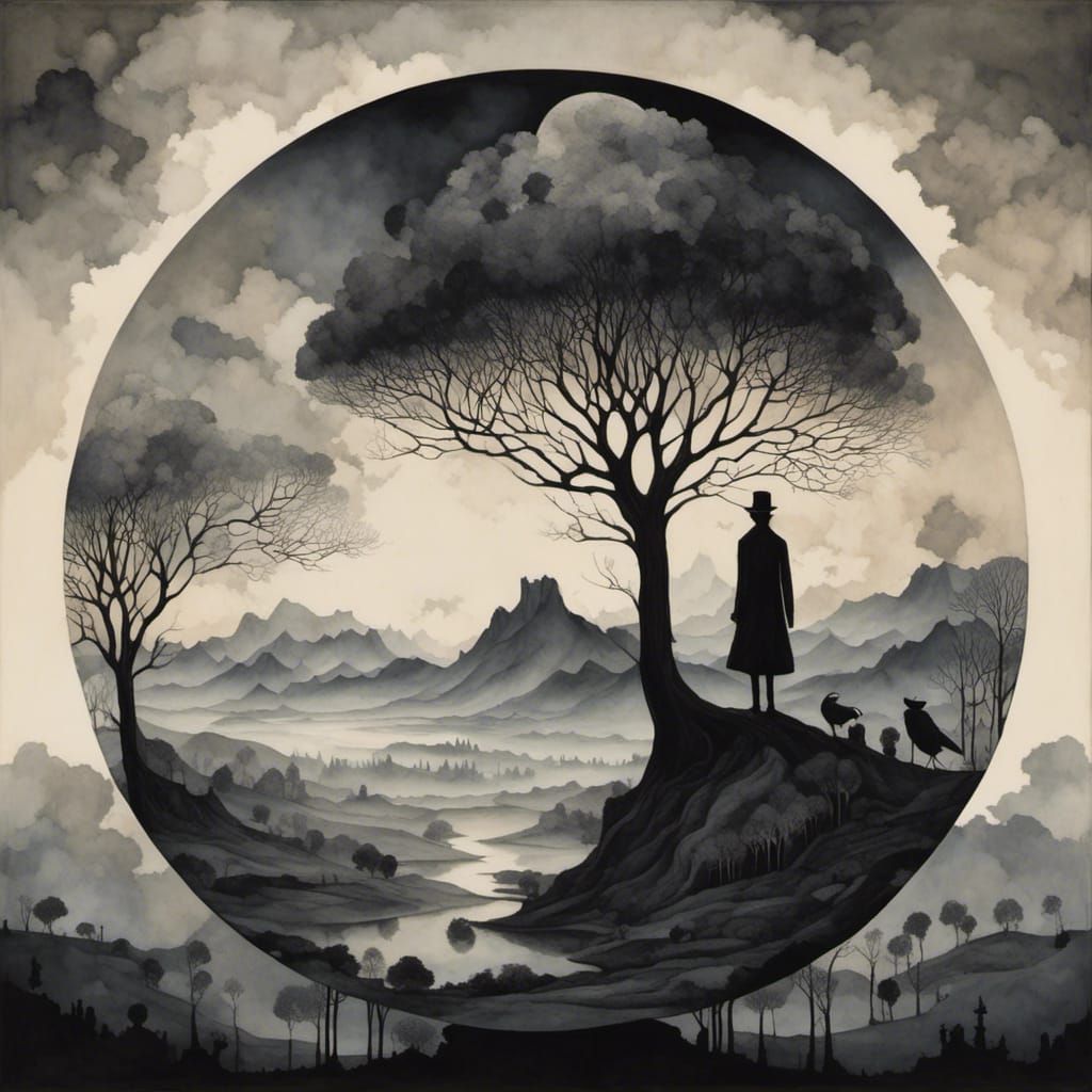 Surreal Silhouette Double Exposure in Dark Grayscale Palette