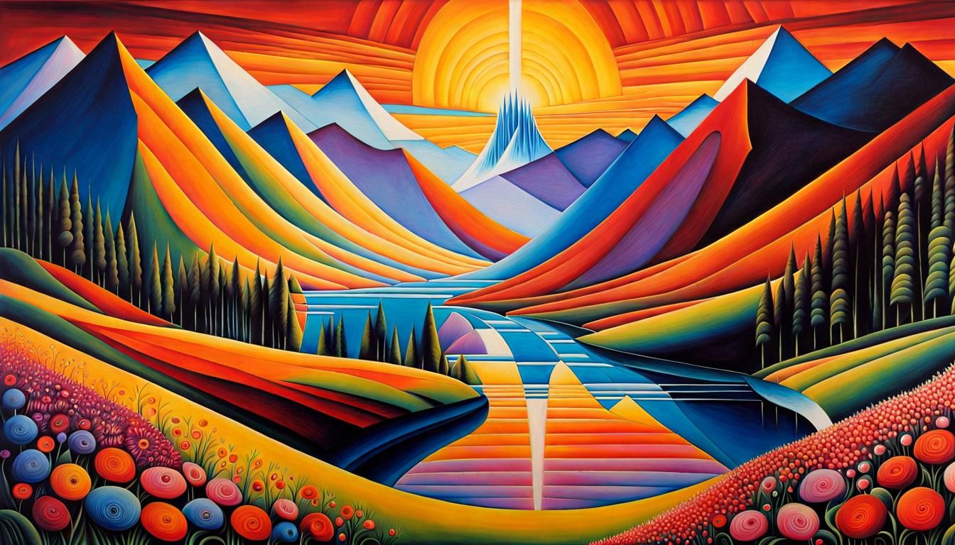 Mother Nature Landscape with Waterfalls in Pastel Colors