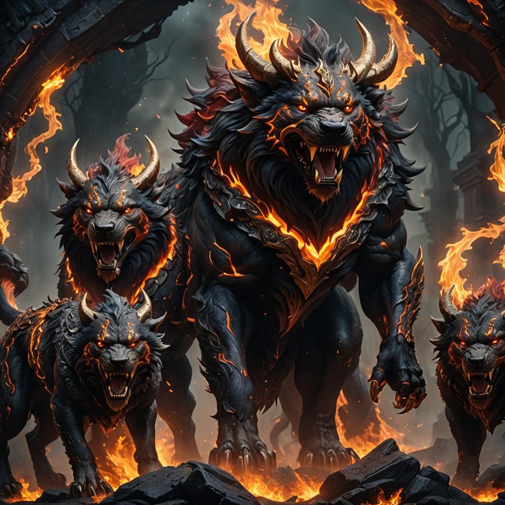 Fiery Three-Headed Cerberus: Detailed Matte Painting