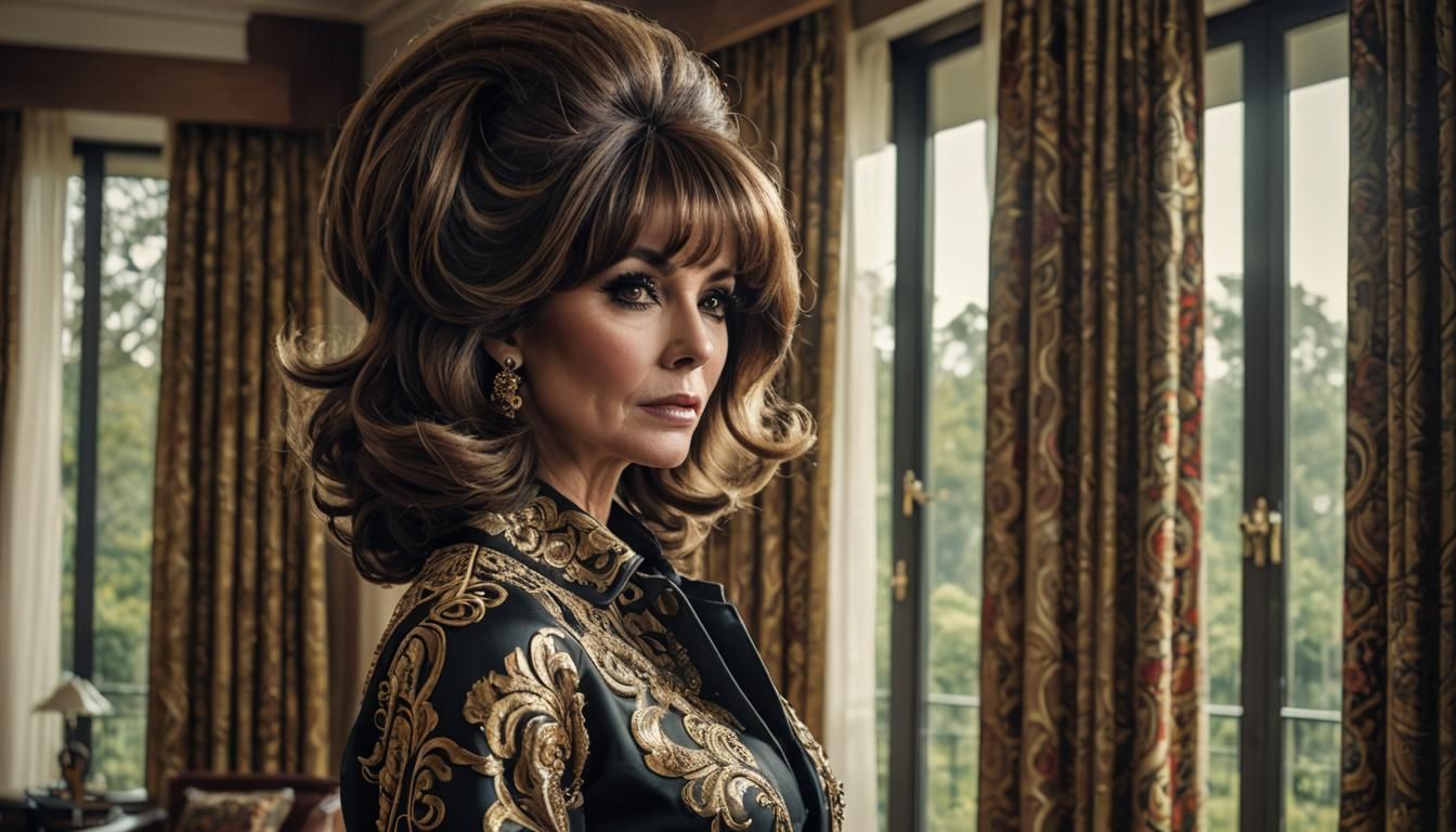 Big hair: Bouffant style with long bangs.