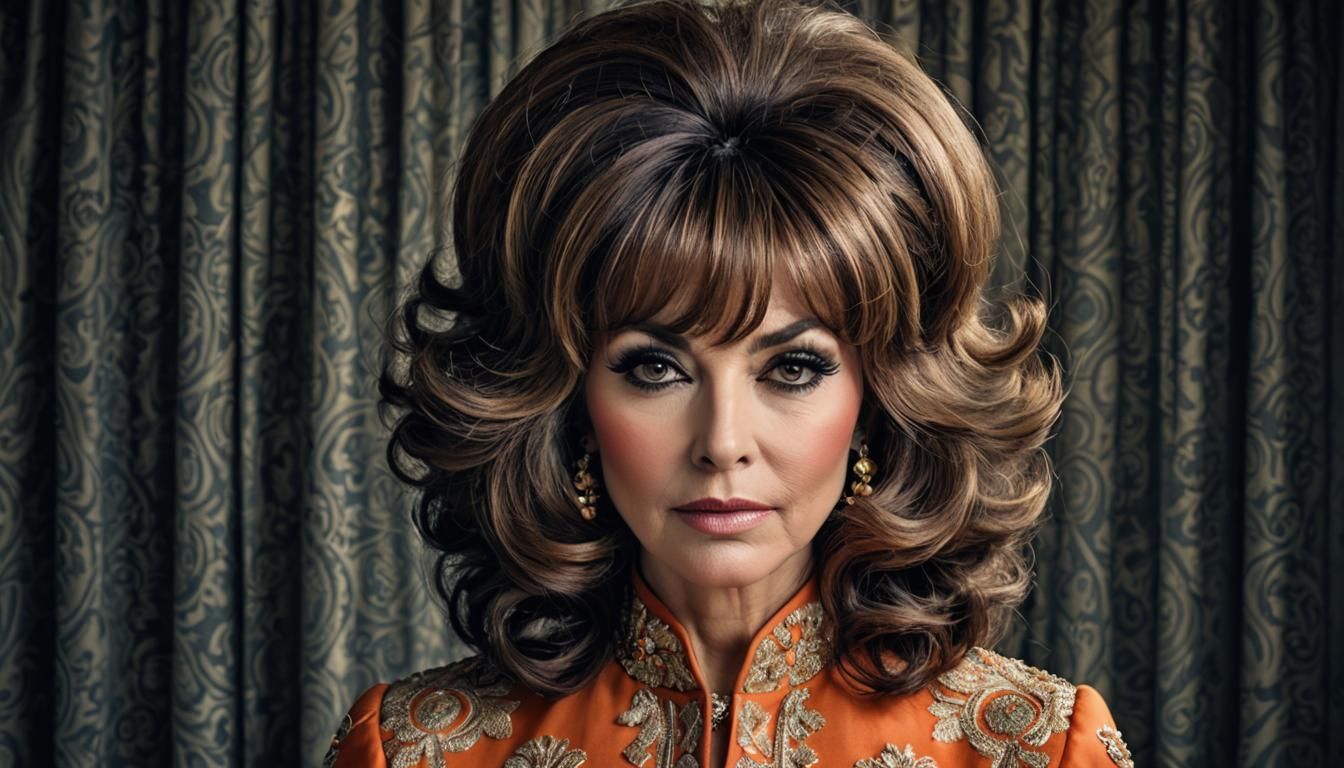 Big hair: Bouffant style with long bangs.