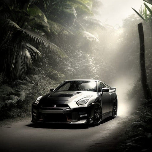 Sleek GT-R Navigates Jungle Trail in Cinematic Lighting