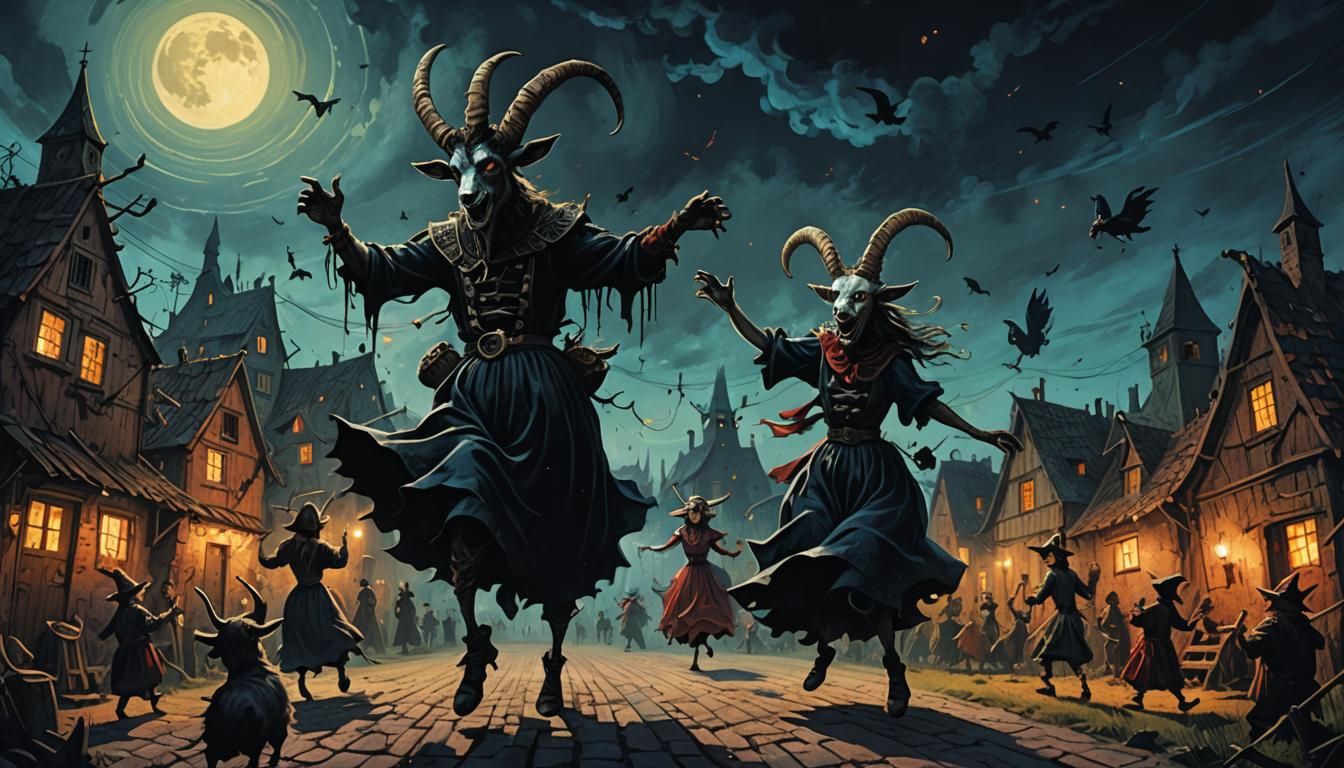 Village Night Party: Dark Fantasy Art in Vibrant Colors