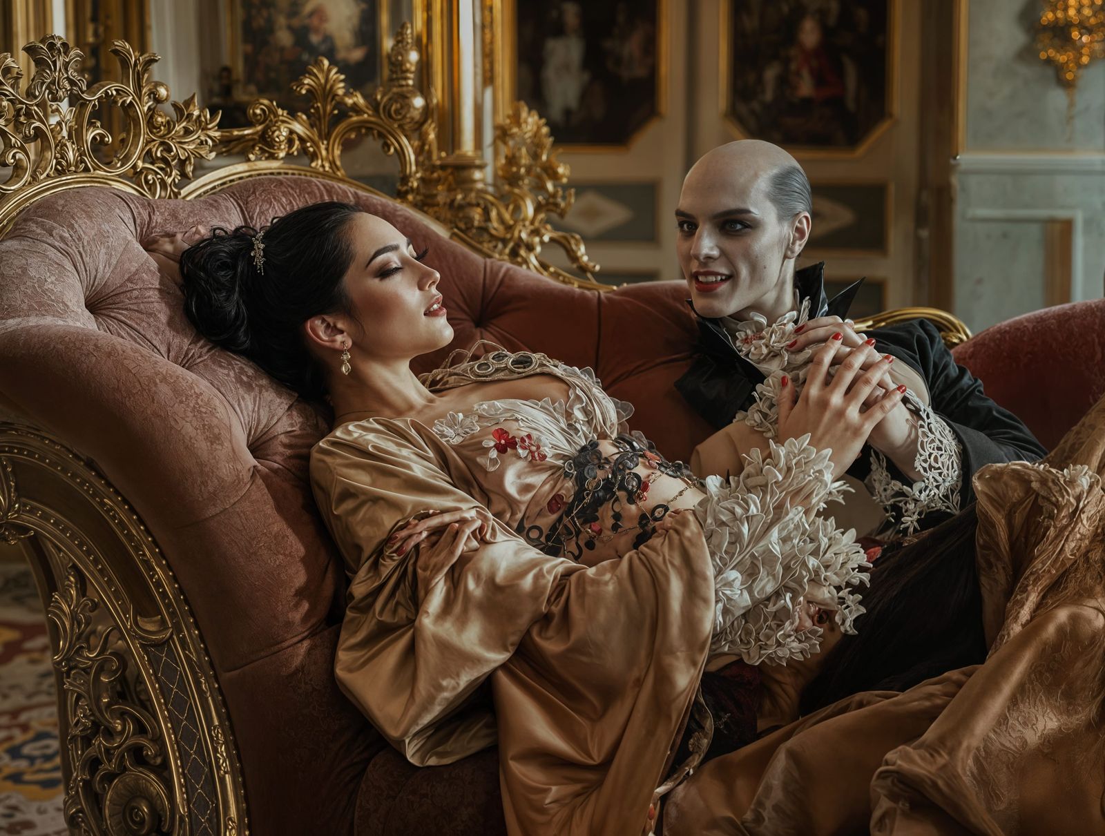 Victorian Vampire Embracing Japanese Model in Hyperrealistic...