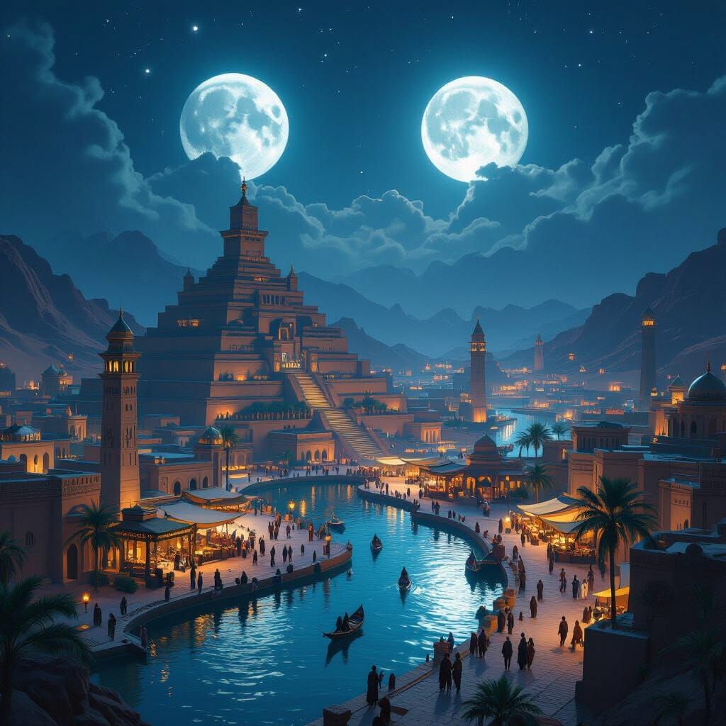 Dilmun Ancient City Under Twin Moons Matte Painting
