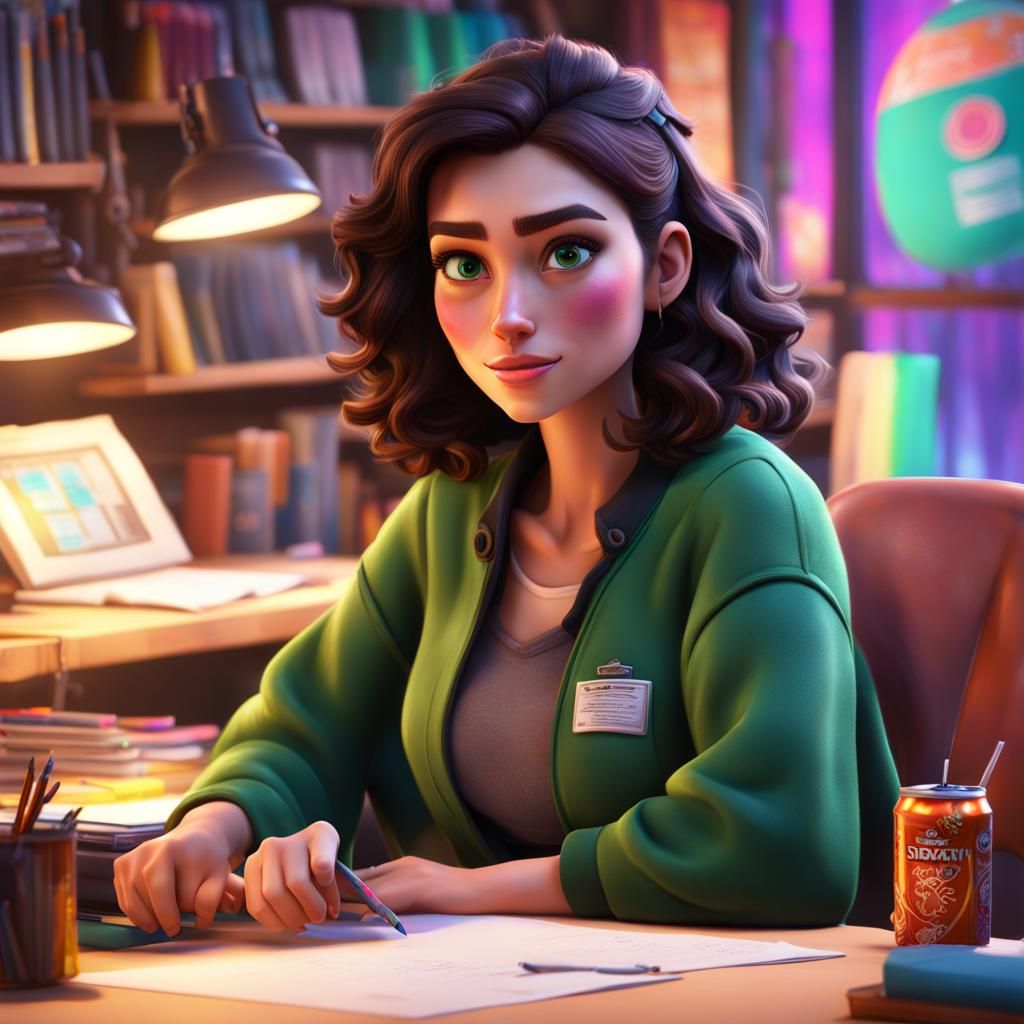 Disney Style Girl Studying with Energy Drink