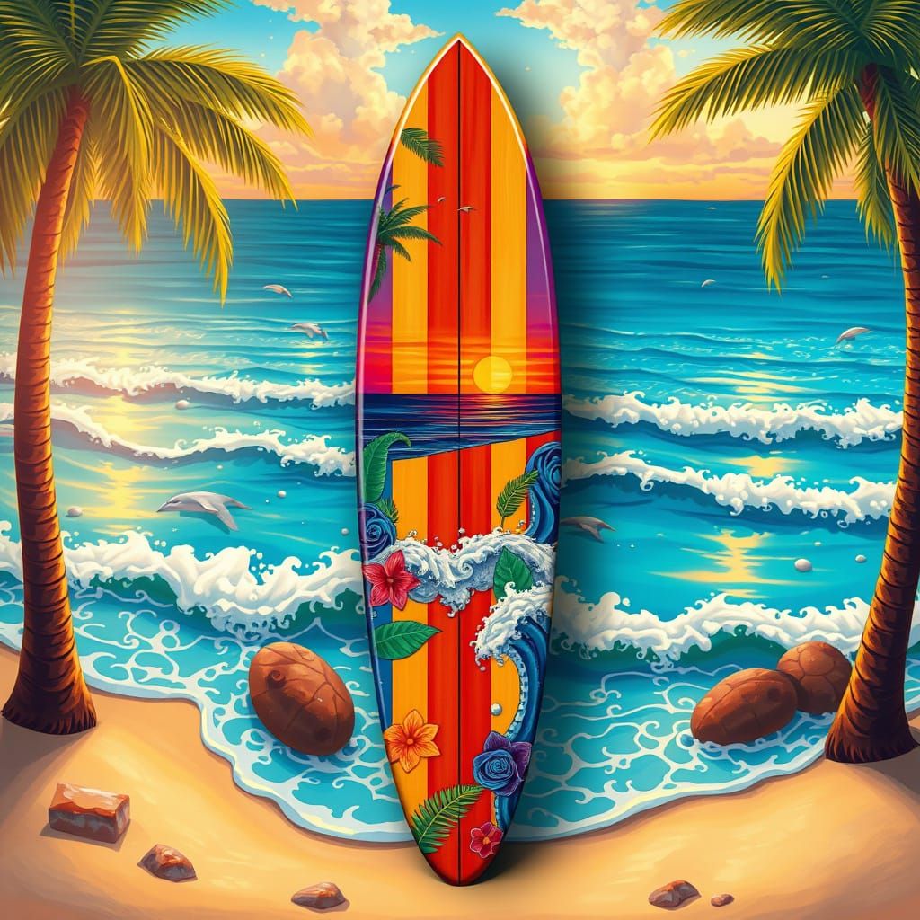 Surreal Beach Scene with Surfboard and Palm Trees in Whimsic...