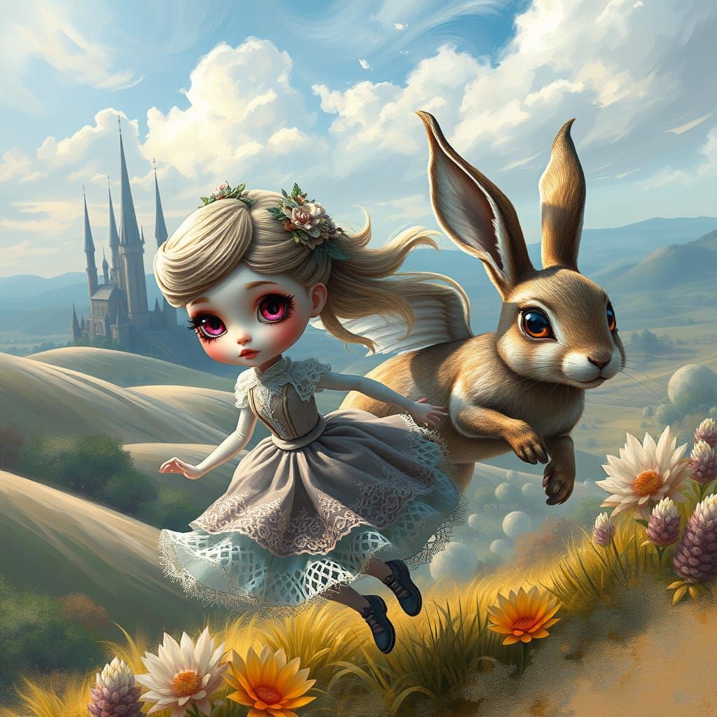 Victorian Doll Whirls Through Dreamlike Landscape with Iride...