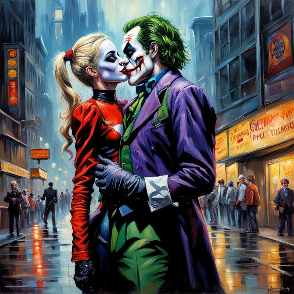 Joker and Harley Quinn Kiss as Oil Painting