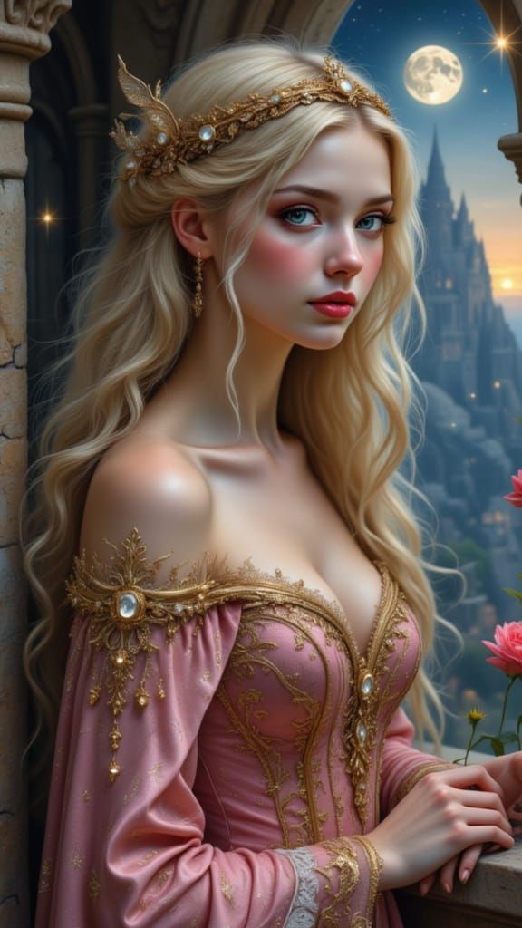 Princess on Balcony in Gothic Castle with Two Moons