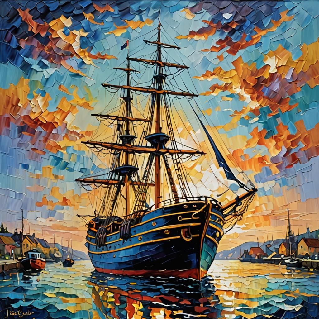 Neo-Impressionist Ship in Expressionist Oil Painting