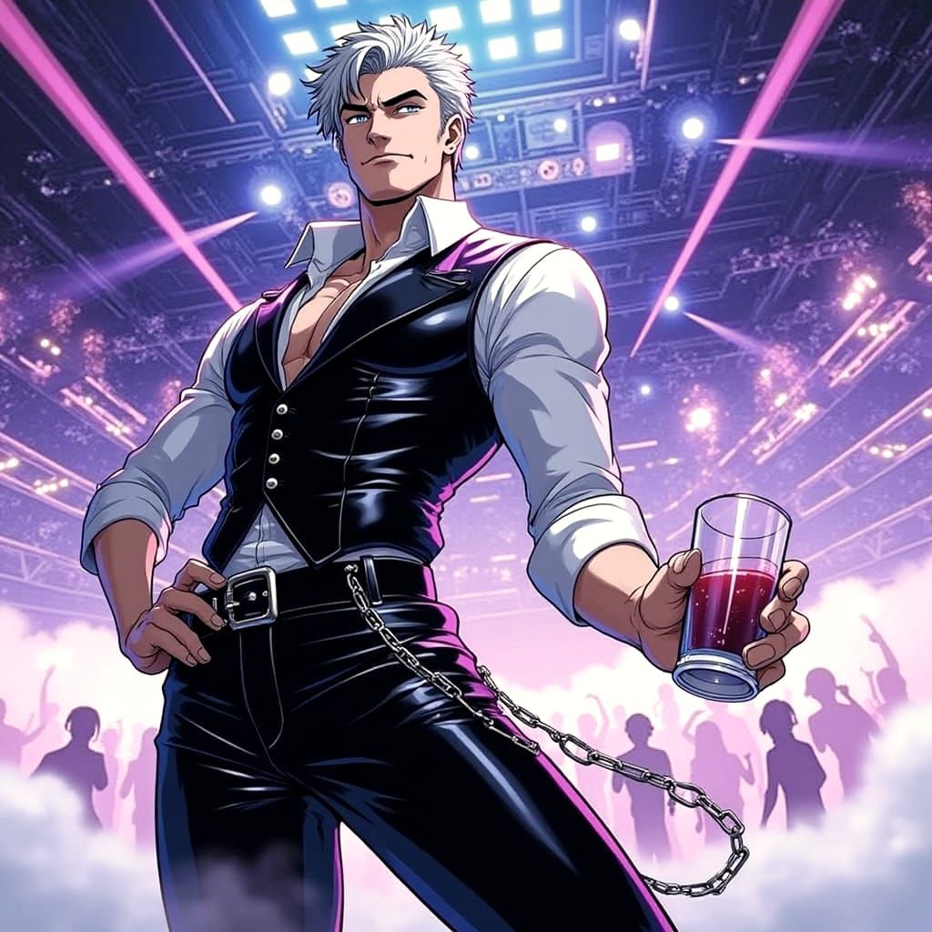 Handsome Older Anime Man in Neon Nightclub