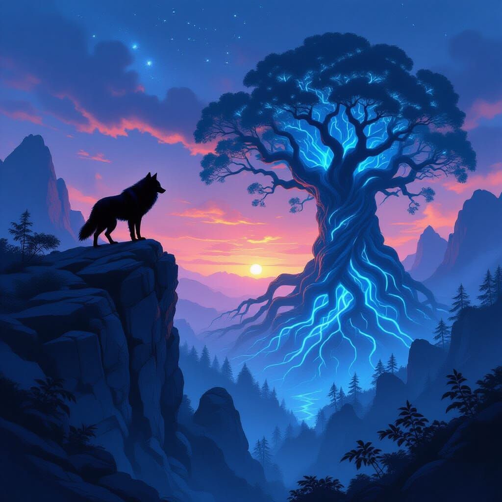 Lone Wolf Sentinel in Ethereal Bioluminescent Forest