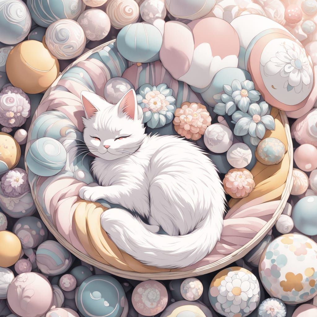 Serene Maiden with Whimsical Cat Companion in Pastel Hues