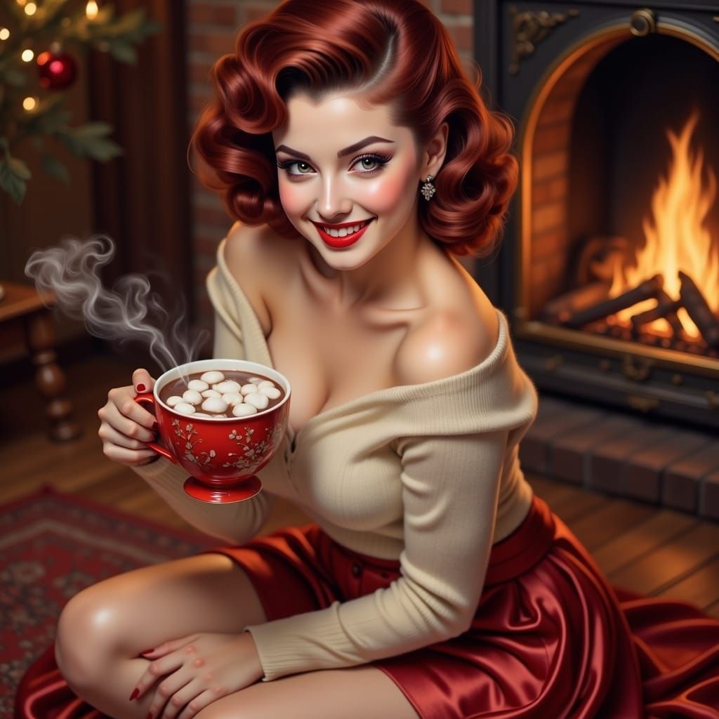 Vintage Pinup Girl by Fireplace, Vargas Style