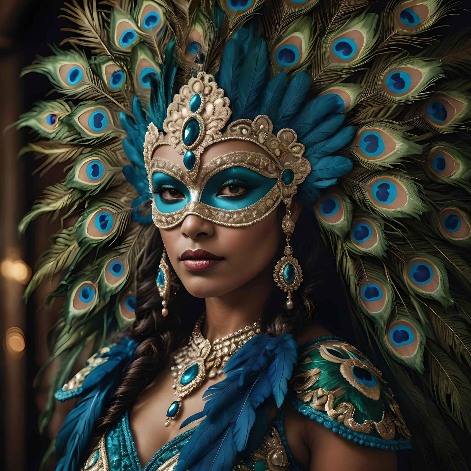 Brazilian Carnival Mask with Peacock Feathers