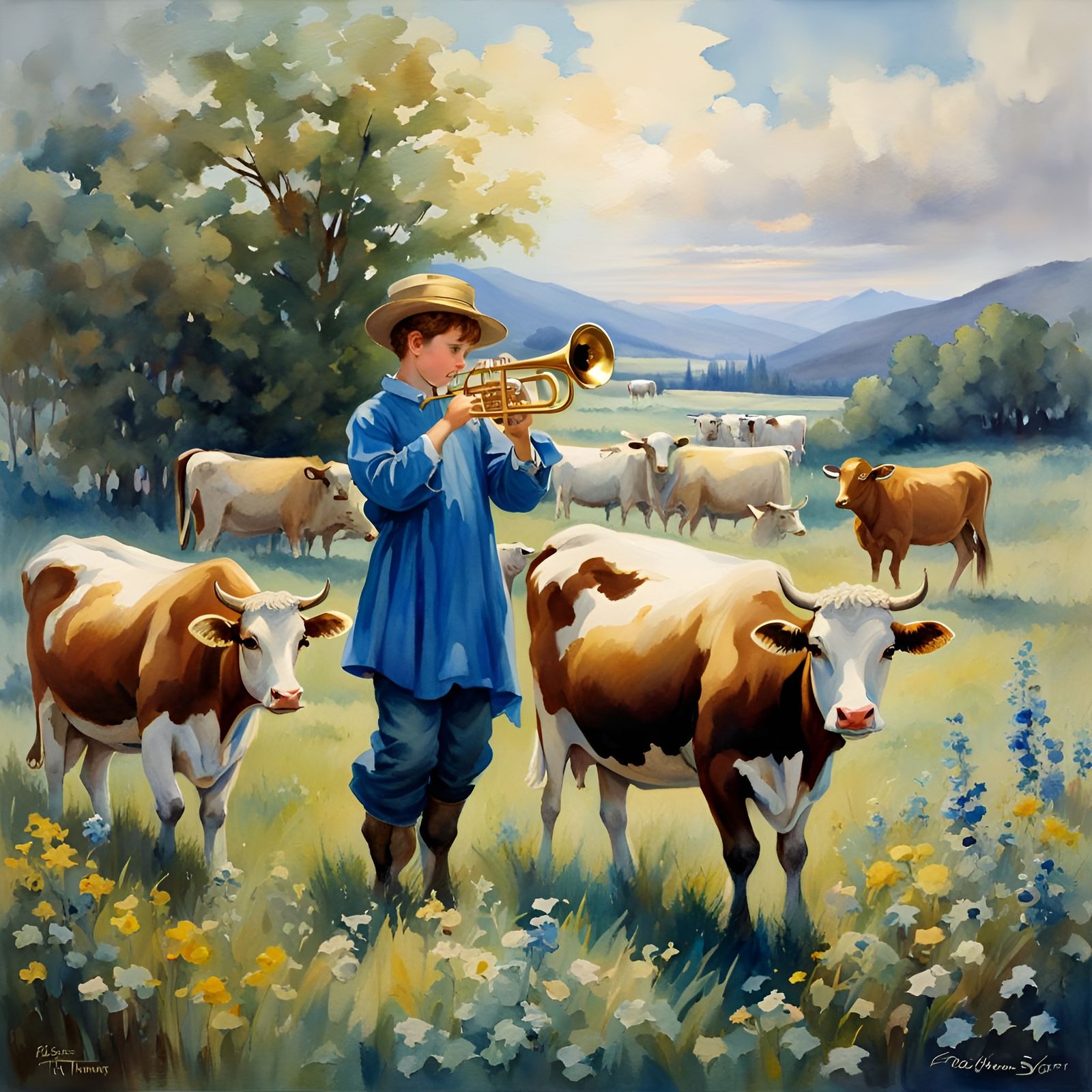Fantasy Trumpet Boy with Animals in Watercolor Style