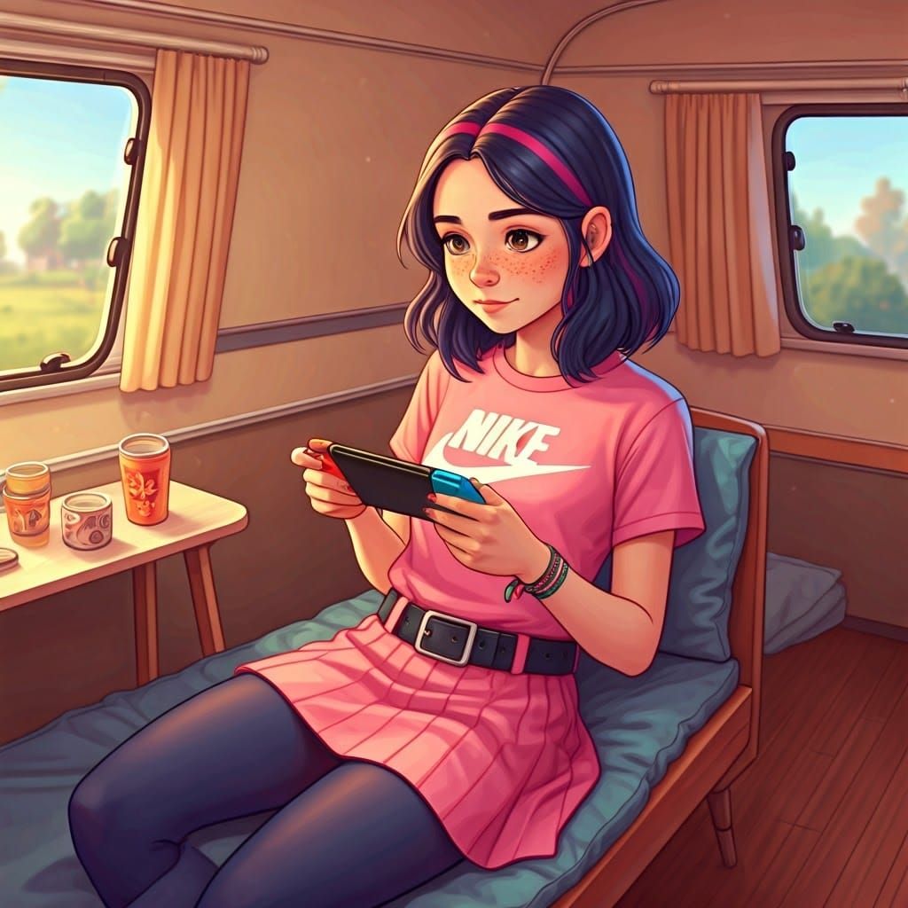 Girl Relaxing at Music Festival in Caravan